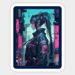 Neon cyberpunk girl ukiyo e art Sticker